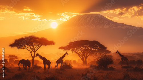 Mount Kilimanjaro's base, savannah bathed in golden sunlight, silhouetted acacias, giraffes, and elephants, embodying Africa's wild heart.generative ai