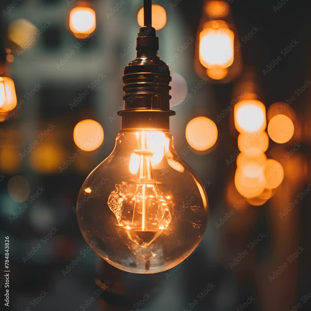 Close-up of a glowing incandescent bulb with warm light amidst blurry background lights Close-up of a glowing incandescent bulb with warm light amidst blurry background lights