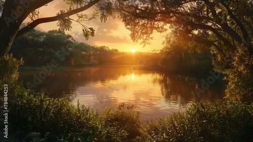 Beautiful shot of a lake surrounded by trees and bushes at sunset , Generative ai, 