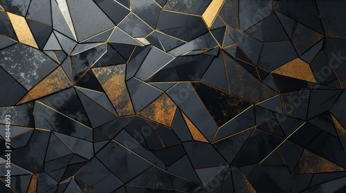 wallpaper with geometric designs on the background, in the style of dark gray and dark gold, cubist shattered planes, grungy textures