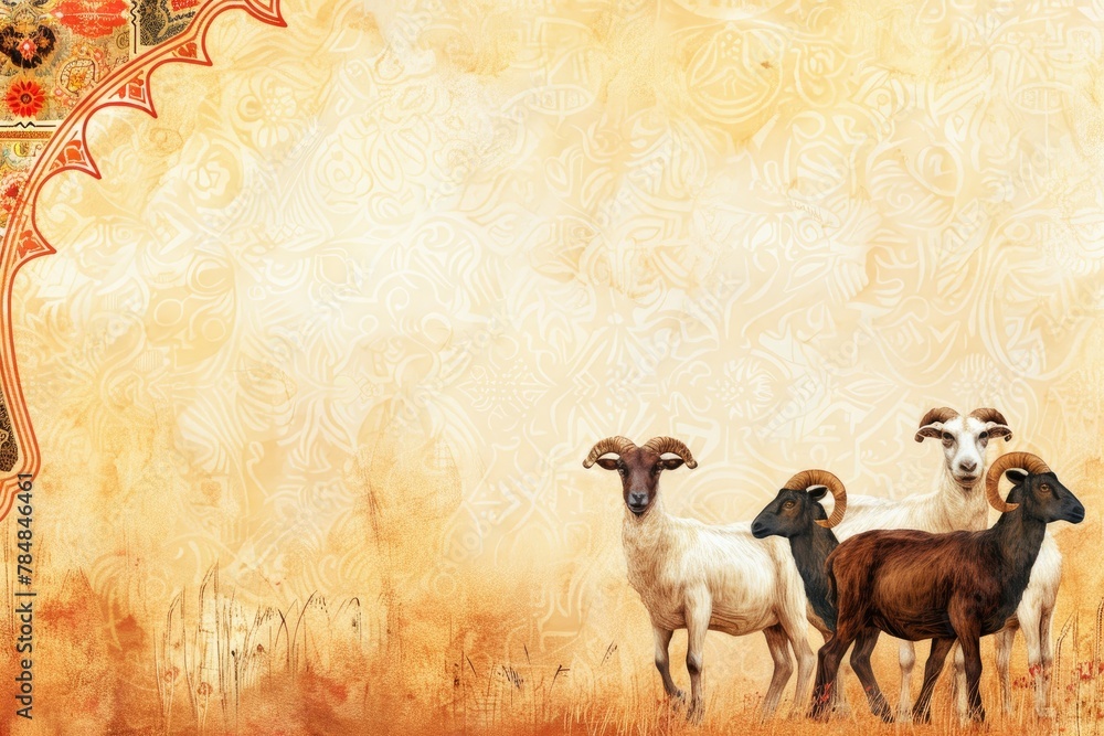 Fototapeta premium Islamic banner with sacrificial animals sheep and goats for Eid al-Adha greeting background and copy space - generative ai