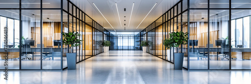 Sleek Modern Hallway in a Corporate Building, Featuring Clean Lines and a Contemporary Design