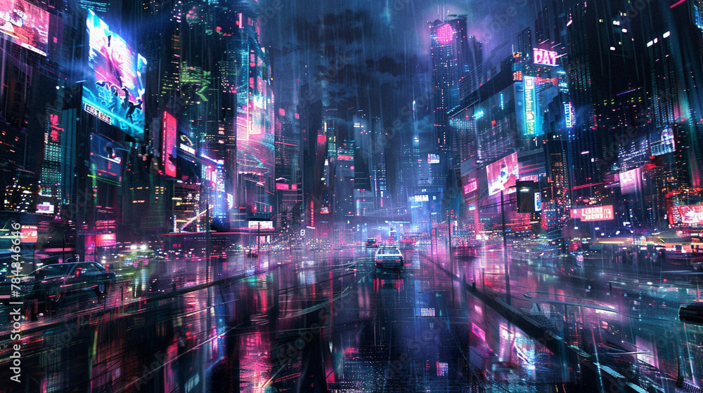 A digital art of a futuristic cityscape at night, illuminated by neon lights, with crowded, bustling streets. A digital art of a futuristic cityscape at night, illuminated by neon lights, with crowded, bustling streets.