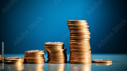 Stack of growing coins against a blue background