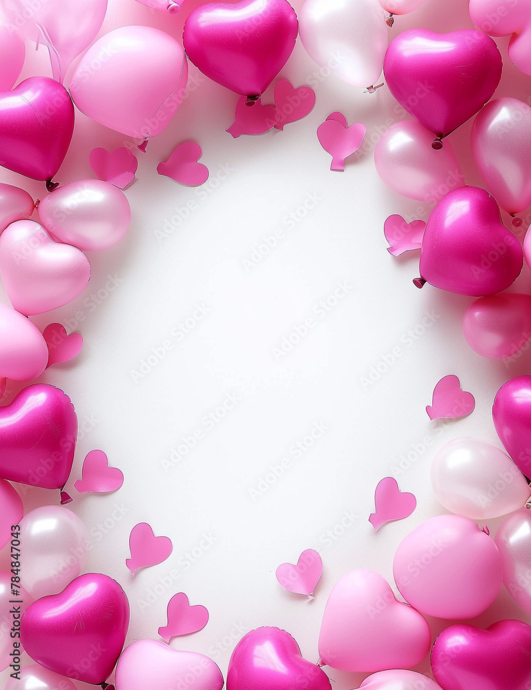 VALENTINES DAY border FRAME LOVE THEMED with pink hearts and ballons with white space in the center on white background
