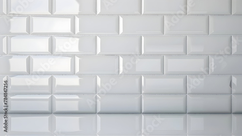 A close-up view of a pristine white tiled wall, each tile reflecting a subtle sheen of light. The immaculate tiles create a sense of sophistication and modernity in the space.