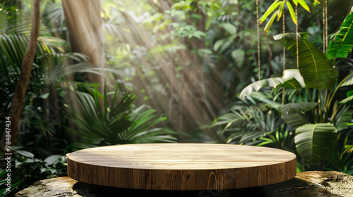 Wooden podium in tropical forest for product presentation and green backgroundn photo