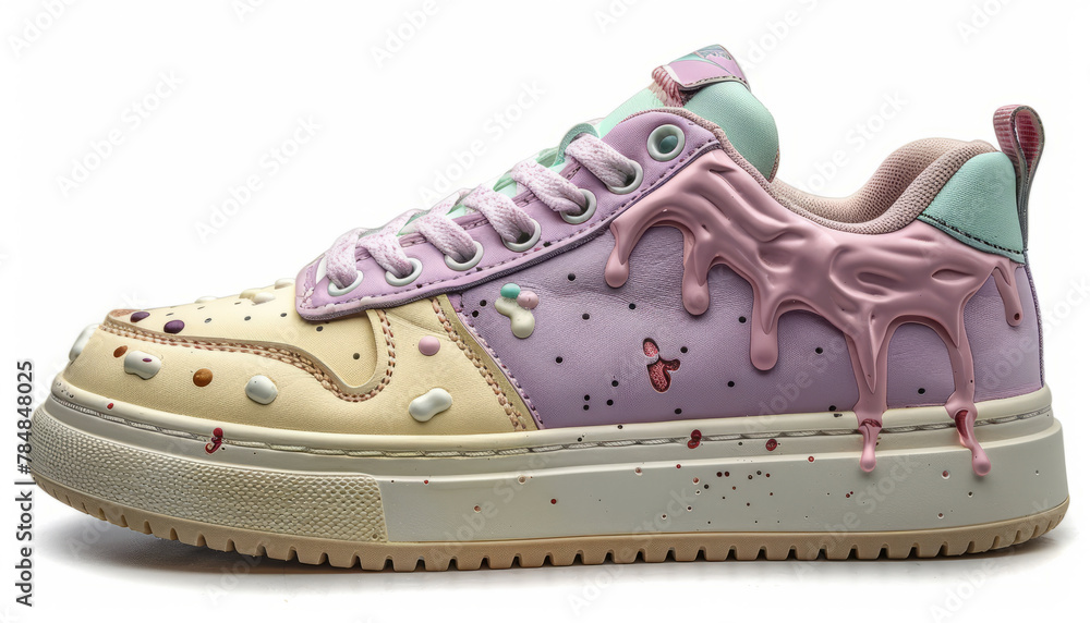 Elegantly whimsical: Purple low-top sneaker with ice cream theme, pastel hues, oversized melting ice cream accents.generative ai Elegantly whimsical: Purple low-top sneaker with ice cream theme, pastel hues, oversized melting ice cream accents.generative ai