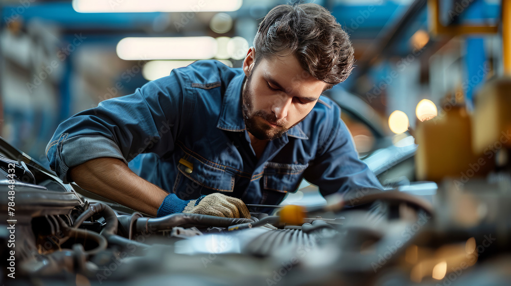 Intriguing snapshot: Mechanic diligently tends to vehicle in well-lit repair shop,generative ai Intriguing snapshot: Mechanic diligently tends to vehicle in well-lit repair shop,generative ai