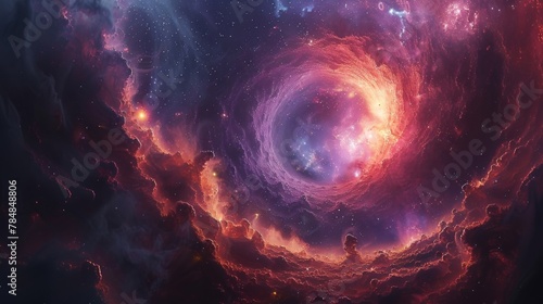 A digitally created illustration of a portal surrounded by a celestial backdrop of stars and galaxies showcasing a bridge between two parallel universes.