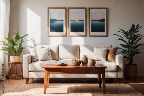 Summer living room. Stylish living room with sofa, wooden table, decorative frames, and natural sunlight from the windows. © PNG&Background Image