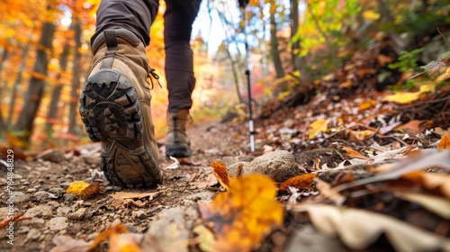 A close-up of a hiker s boots on a rugged trail  with the path winding through autumn-colored foliage  highlighting the personal journey and the beauty of seasonal changes.