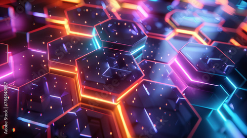 Neon Hexagons Background, Abstract 3D Conecpt