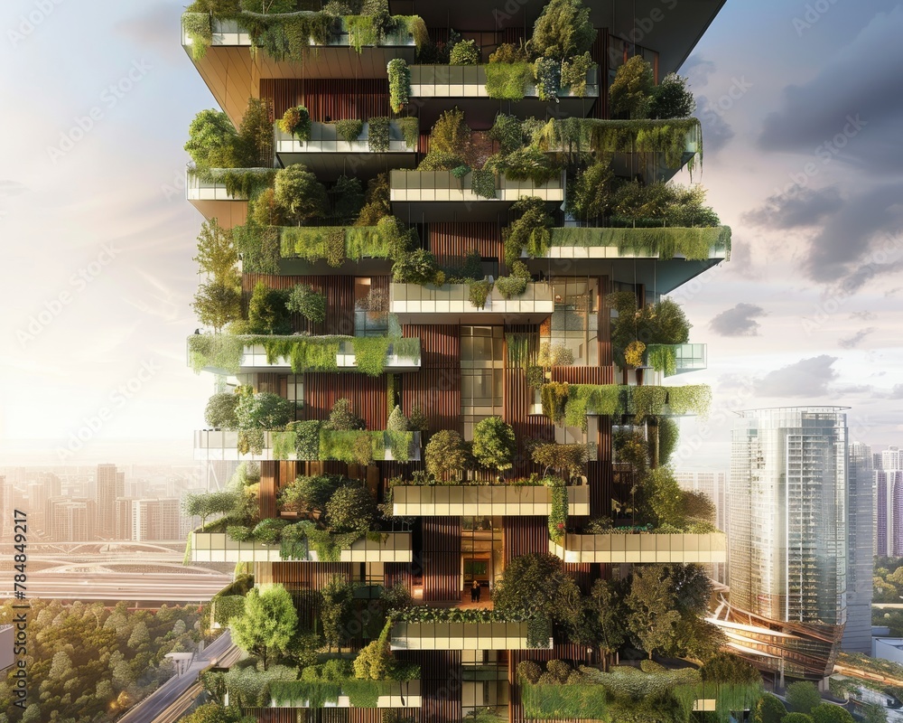 Cityscape transformed by an urban greening project, featuring rooftop gardens and vertical forests, enhancing the environment.