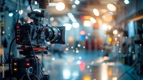 Cinematic studio scene captured from an unconventional angle showcasing a range of outoffocus production equipment in the foreground. The blurred lights and reflections add an abstract .