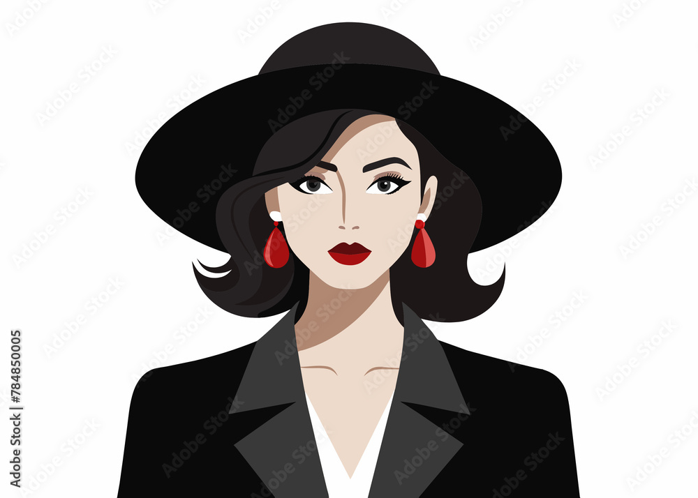 Vector illustration of a beautiful woman in a black hat and jacket. Vector illustration of a beautiful woman in a black hat and jacket.