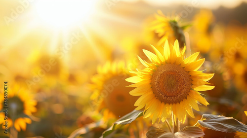 Wide field of sunflowers in summer sunset, panorama blur background. Autumn or summer sunflowers background. Shallow depth of field.