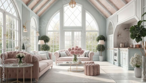 Luxury living room with pink sofa 