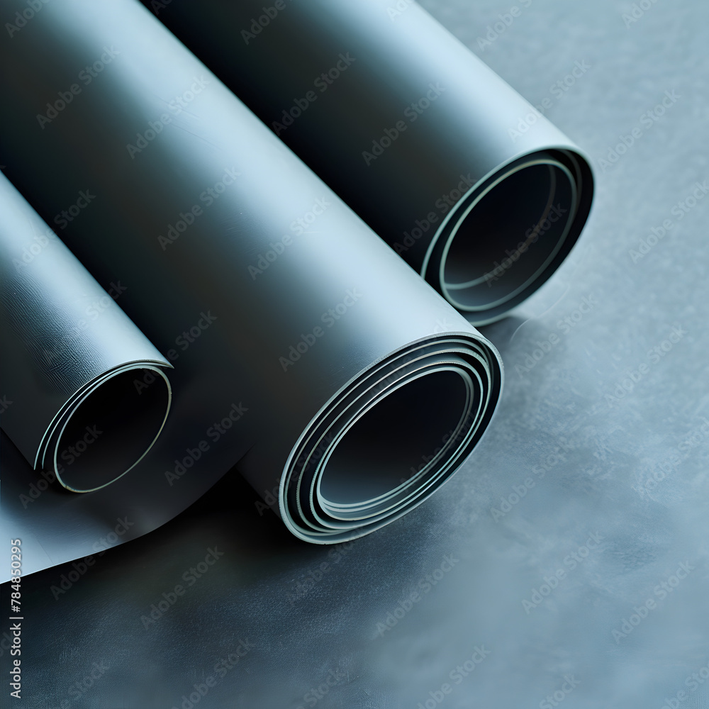 Fototapeta premium Three cylindrical rolls of black paper are neatly aligned on a wooden table, creating an elegant contrast between the darkness of the paper and the light wood of the table.