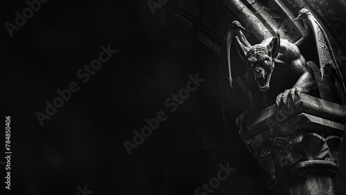 A monochrome photo of an aggressive gargoyle. statue with on black background with copy space for text. The image has a dark and ominous mood, with the gargoyle looking menacing and ready to attack	 photo