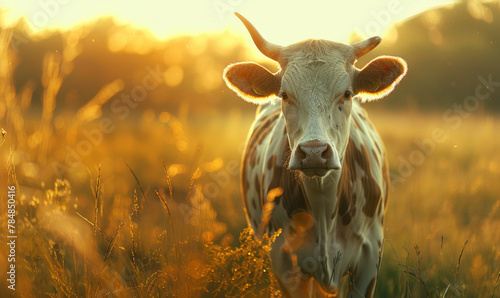 A cow standing in a lush, green pasture bathed in the golden glow of sunrise,generative ai photo