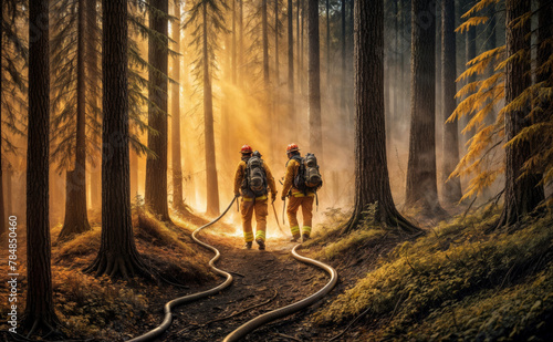 Firefighters walking through a forest with a hose. The scene is foggy, and the sun is shining through the trees photo