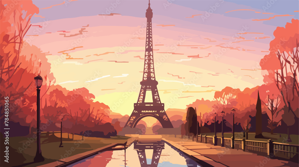 View of the Eiffel tower at sunset .. 2d flat cartoon - obrazy, fototapety, plakaty 