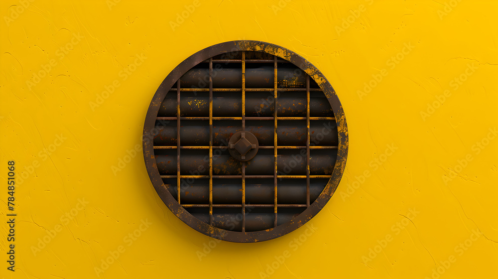A round metal grate is securely mounted to a vibrant yellow wall, creating a unique visual focal point. The sunlight plays off the intricate patterns of the grate, casting intriguing shadows. A round metal grate is securely mounted to a vibrant yellow wall, creating a unique visual focal point. The sunlight plays off the intricate patterns of the grate, casting intriguing shadows.