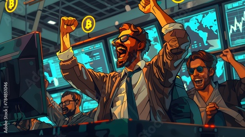 Exuberant Crypto Traders Celebrating a Successful Trade in a Dynamic Trading Floor Environment