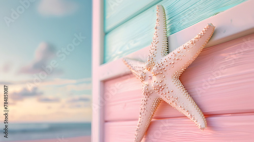 A vibrant starfish clings to the side of a towering building, seemingly serenading passersby with its striking colors and unique form as it defies its aquatic nature. photo