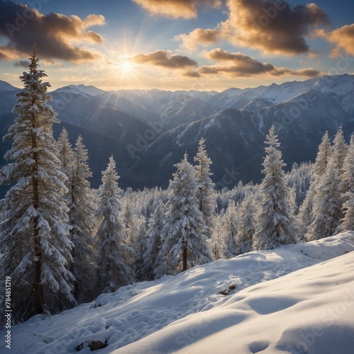 Sun casts its golden rays through clouds, illuminating serene, picturesque landscape of snow-covered mountains, forests. Trees, blanketed in snow, stand tall.