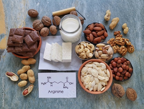 Healthy high arginine foods. Food sources of arginine include nuts, dairy, pumpkin seed, dark chocolate. Natural products containing arginine. Food for training, exercise. Chemical formula of arginine photo