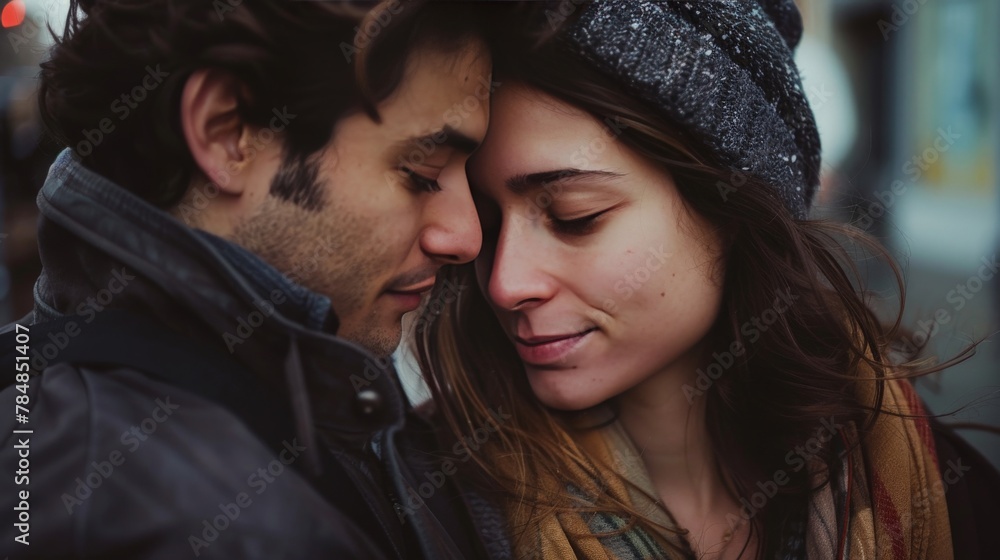Fototapeta premium A candid shot of a couple sharing a quiet moment, their expressions soft and content, unaware of being observed, highlighting the intimacy of their bond.