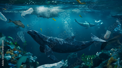 Sea mammals or dolphins get caught in the plastic waste in the sea
