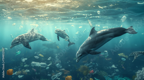 Sea mammals or dolphins  get caught in the plastic waste in the sea