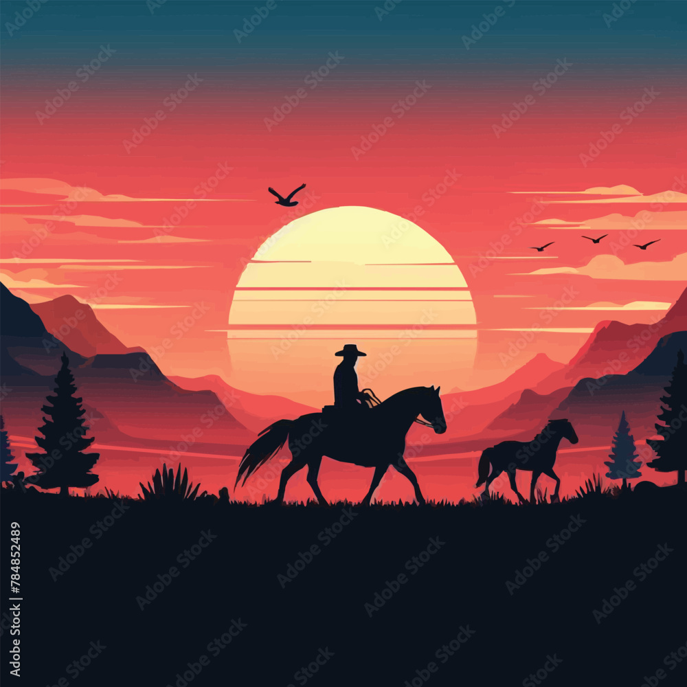 free vector West sunset silhouette landscape with cowboy on horse