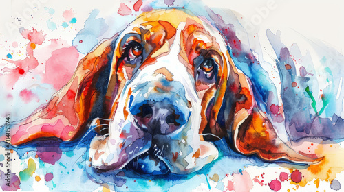 Portrait of Basset hound dog. Colorful watercolor painting illustration.