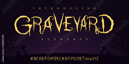 Graveyard horror halloween Font Uppercase Lowercase and Number. Spooky Lettering Minimal Fashion Designs. Typography modern serif fonts regular decorative vintage concept. vector illustration