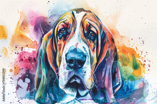 Portrait of Basset hound dog. Colorful watercolor painting illustration.