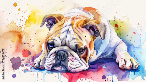 Portrait of bulldog dog. Colorful watercolor painting illustration. © Tepsarit