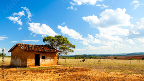 Papel de parede apresentando uma paisagem do sertão nordestino brasileiro, com uma casinha pobre em meio a uma paisagem árida e seca, evocando a beleza austera e a vida simples dessa região photo