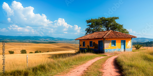 Papel de parede apresentando uma paisagem do sertão nordestino brasileiro, com uma casinha pobre em meio a uma paisagem árida e seca, evocando a beleza austera e a vida simples dessa região photo