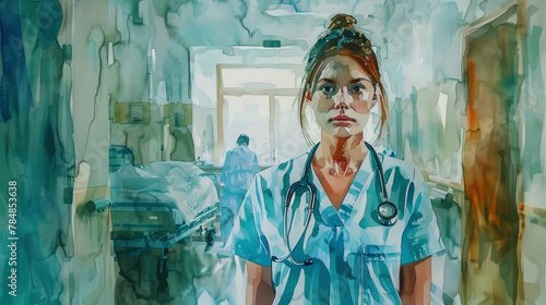 Portrait of female doctor. Colorful watercolor painting illustration. © Tepsarit