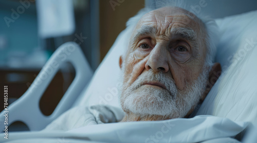 Portrait photo of sad old man patient in hospital's bed. 