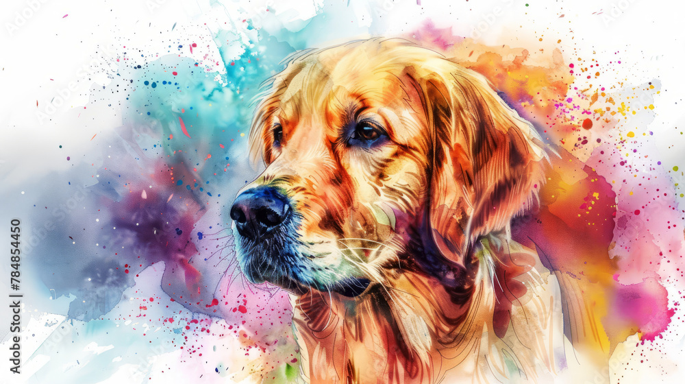Portrait of golden retriever dog. Colorful watercolor painting illustration.
