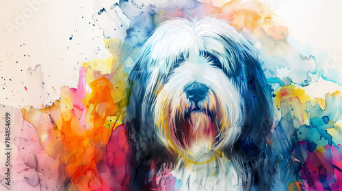 Portrait of Old English Sheepdog dog. Colorful watercolor painting illustration. photo