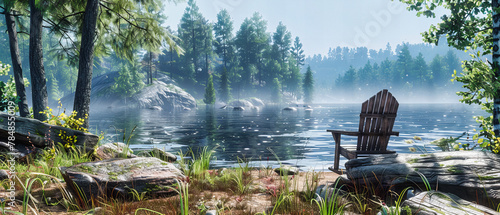 Tranquil Forest River Scene in Karelia, Rocky Landscape with Pine Trees and Morning Mist