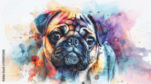 Portrait of pug dog. Colorful watercolor painting illustration. © Tepsarit