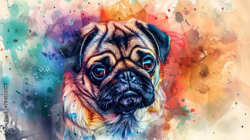 Portrait of pug dog. Colorful watercolor painting illustration.
