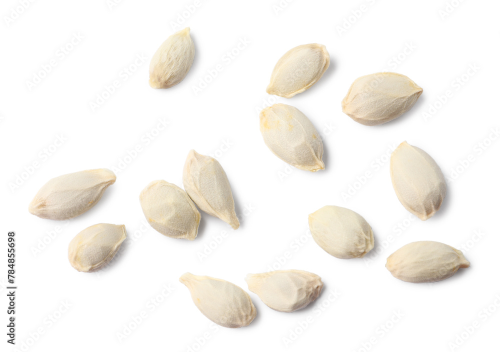 Many seeds of tangerine isolated on white, top view Many seeds of tangerine isolated on white, top view